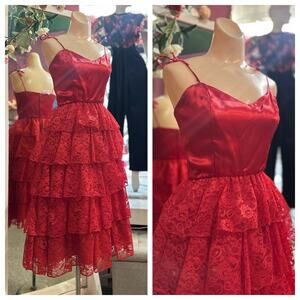 Vintage 80s Does 50s Lace Cupcake Dress Red Satin Prom Formal Ballerina Core XS